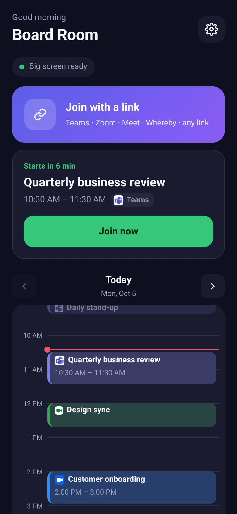 MeetZ remote home screen: the next meeting with a Join now button and today's timeline