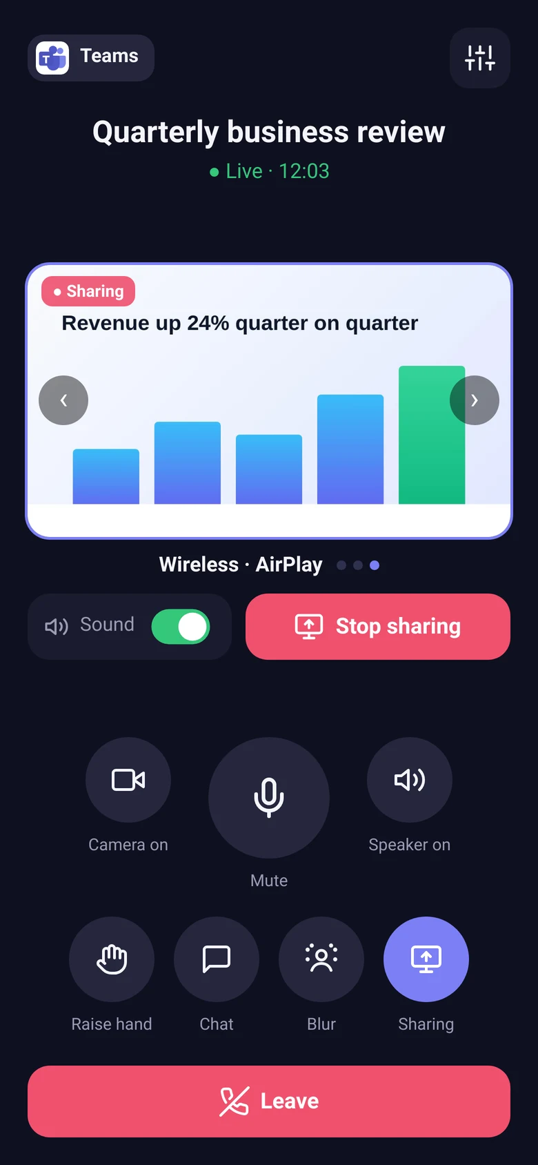 The MeetZ remote on a phone during a Teams meeting, sharing a Mac over AirPlay, with mute, camera, speaker and leave controls