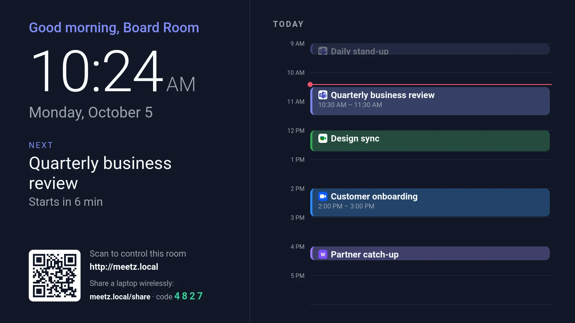 MeetZ on the room TV: the time, the next meeting, today's Teams, Meet and Zoom meetings on a timeline, and a QR code to control the room